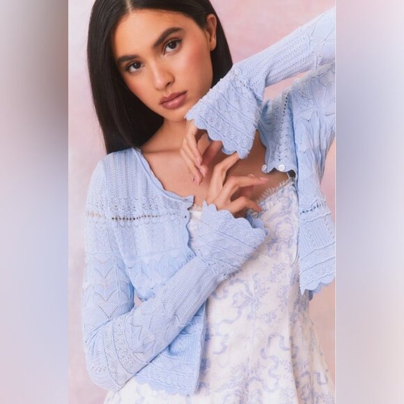 NEW LoveShackFancy Media Pointelle Scallop Cardigan in Morning Tide Blue | sz S - Picture 2 of 14
